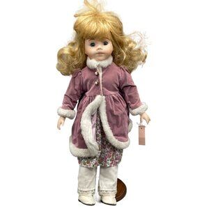 porcelain Tiffany doll with stand blue eyes pink floral blond hair 16" READ